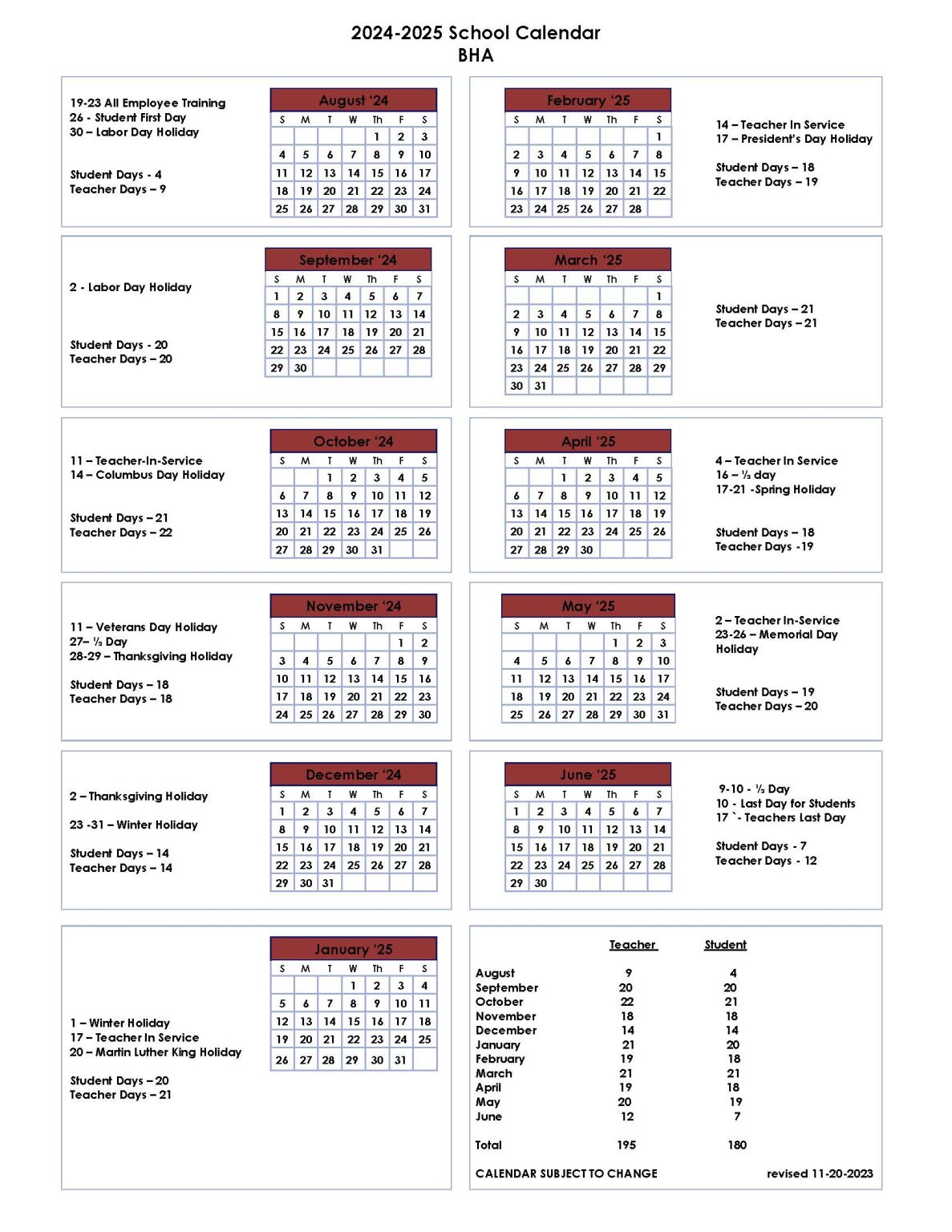 Calendar BHA